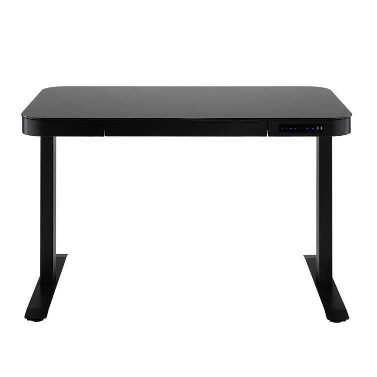 Black Adjustable Height Glass Standing Desk with USB Port and Drawer