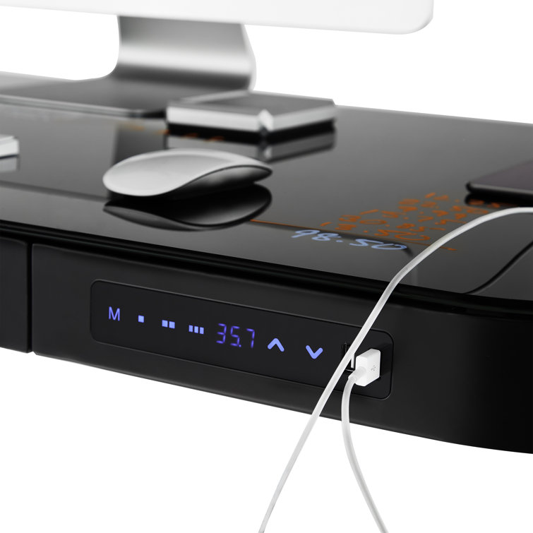 Black Adjustable Height Glass Standing Desk with USB Port and Drawer