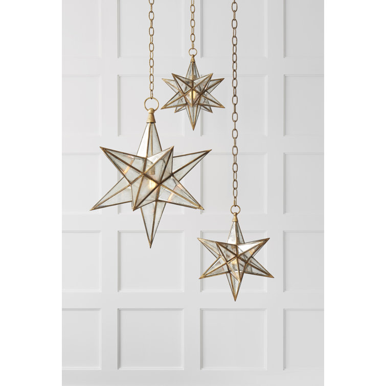 Large Antique Mirror Glass Star Pendant in Gilded Iron