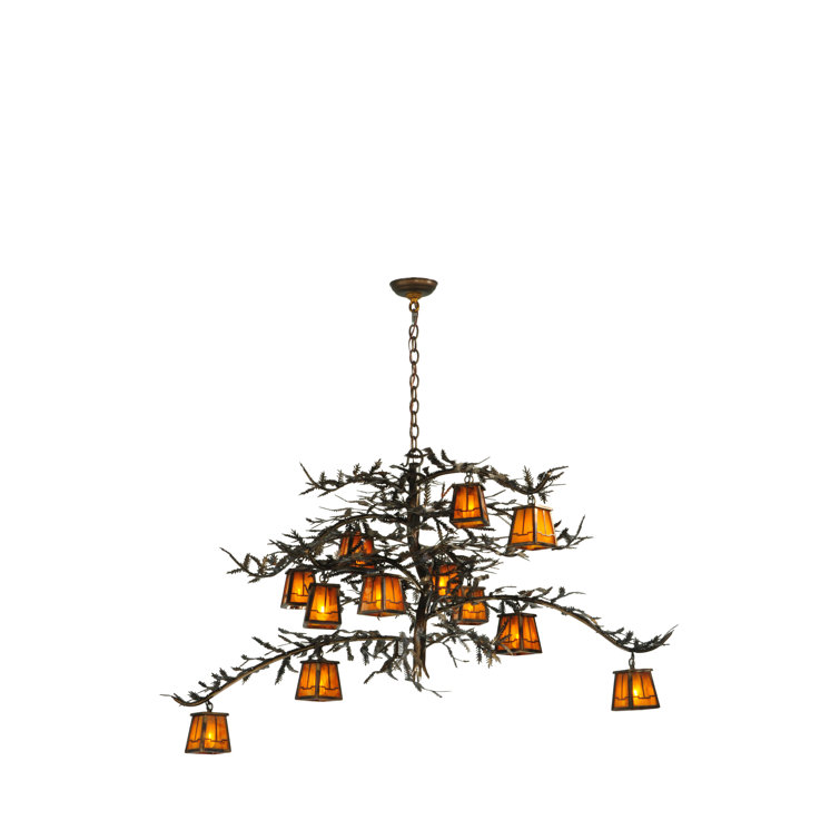 Rustic Pine Branch 12-Light Chandelier with Honey Art Glass and Antique Copper Finish