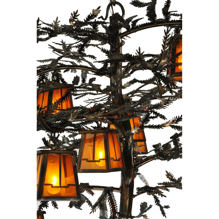 Rustic Pine Branch 12-Light Chandelier with Honey Art Glass and Antique Copper Finish