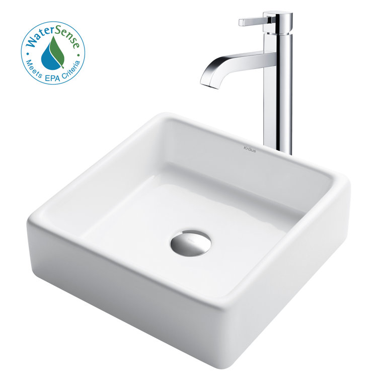 15-inch White Ceramic Square Vessel Sink with Satin Nickel Faucet