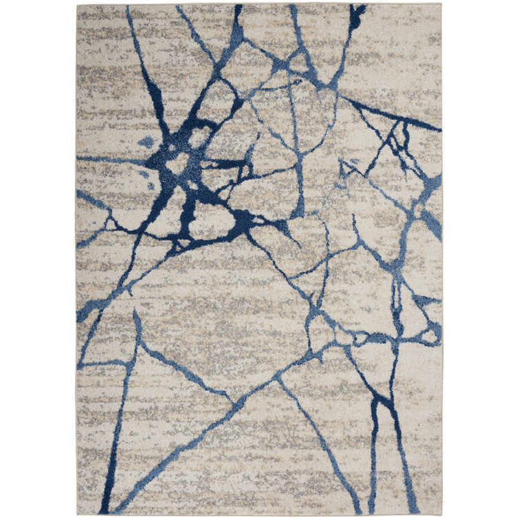 Blue and Ivory Abstract Floral Rectangular Rug