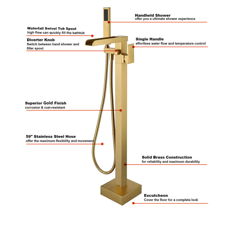 Brushed Gold Freestanding Tub Faucet with Hand Shower