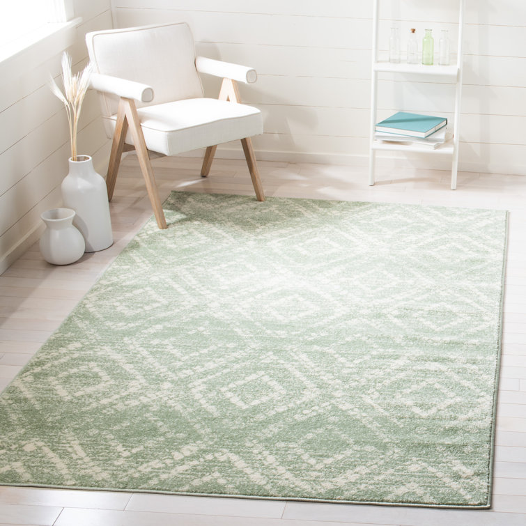 Green and Ivory Geometric Synthetic 4' x 6' Rectangular Rug