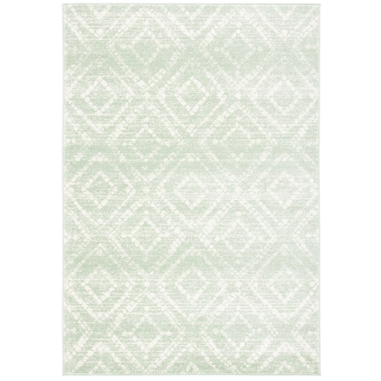 Green and Ivory Geometric Synthetic 4' x 6' Rectangular Rug