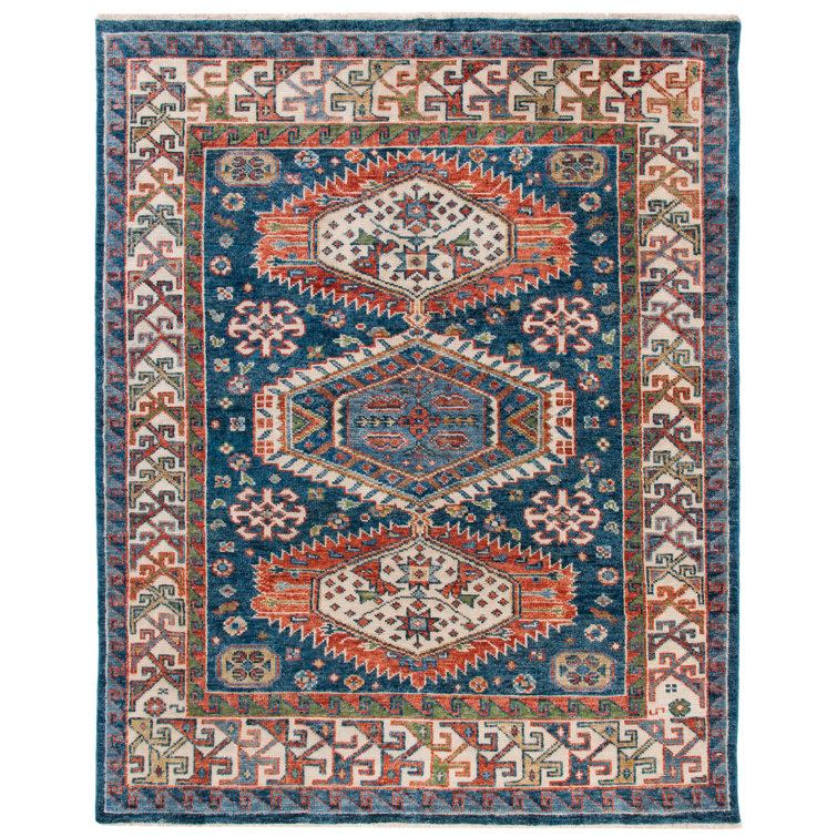 Hand-Knotted Wool Geometric 9' x 12' Area Rug in Blue and Green