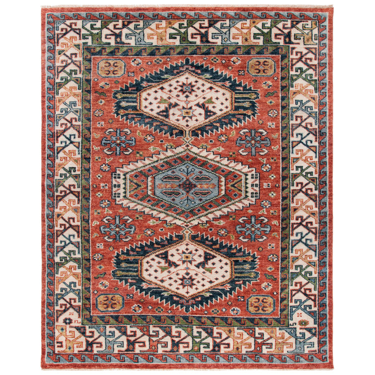 Red and Beige Hand-Knotted Wool 10' x 14' Area Rug