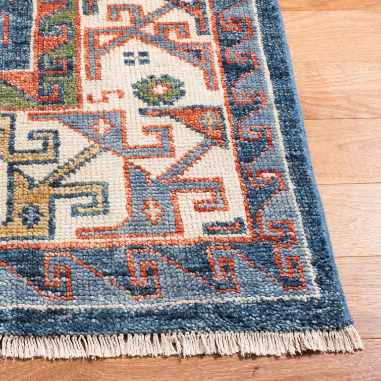 Hand-Knotted Wool Geometric 9' x 12' Area Rug in Blue and Green