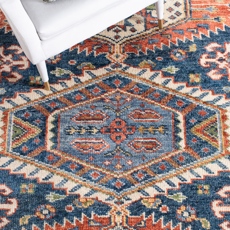 Hand-Knotted Wool Geometric 9' x 12' Area Rug in Blue and Green