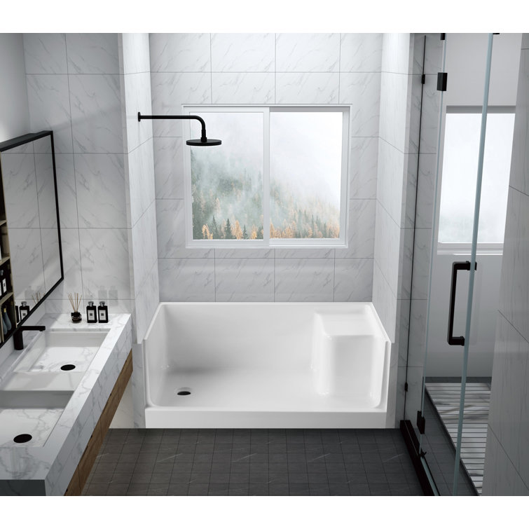 White Acrylic Anti-Skid Shower Base with Integral Seat, 60 x 32