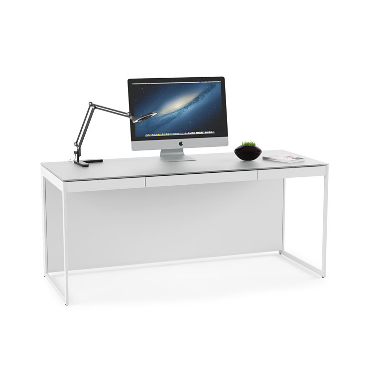 Satin White & Grey Glass Writing Desk with Drawer and Power Outlet