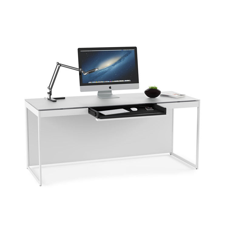 Satin White & Grey Glass Writing Desk with Drawer and Power Outlet