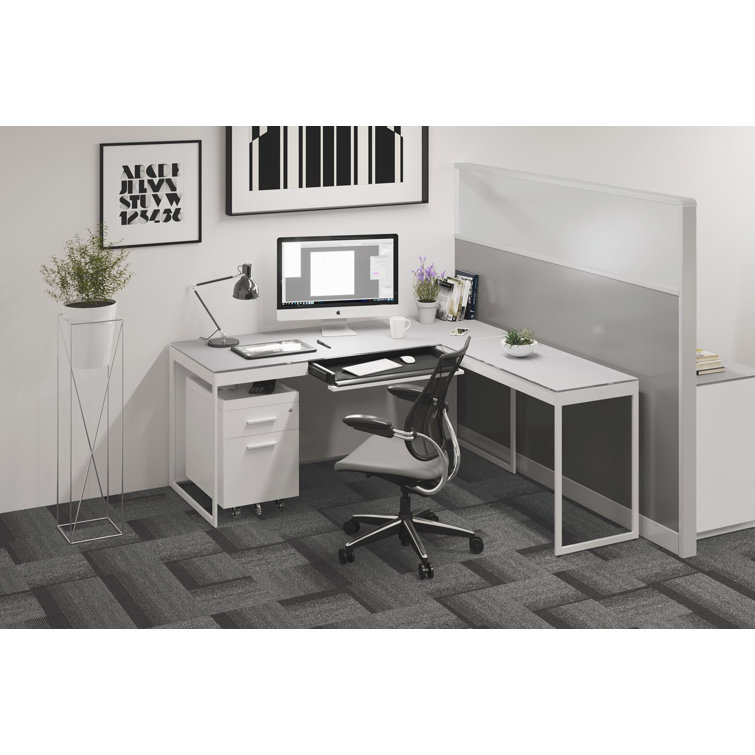 Satin White & Grey Glass Writing Desk with Drawer and Power Outlet