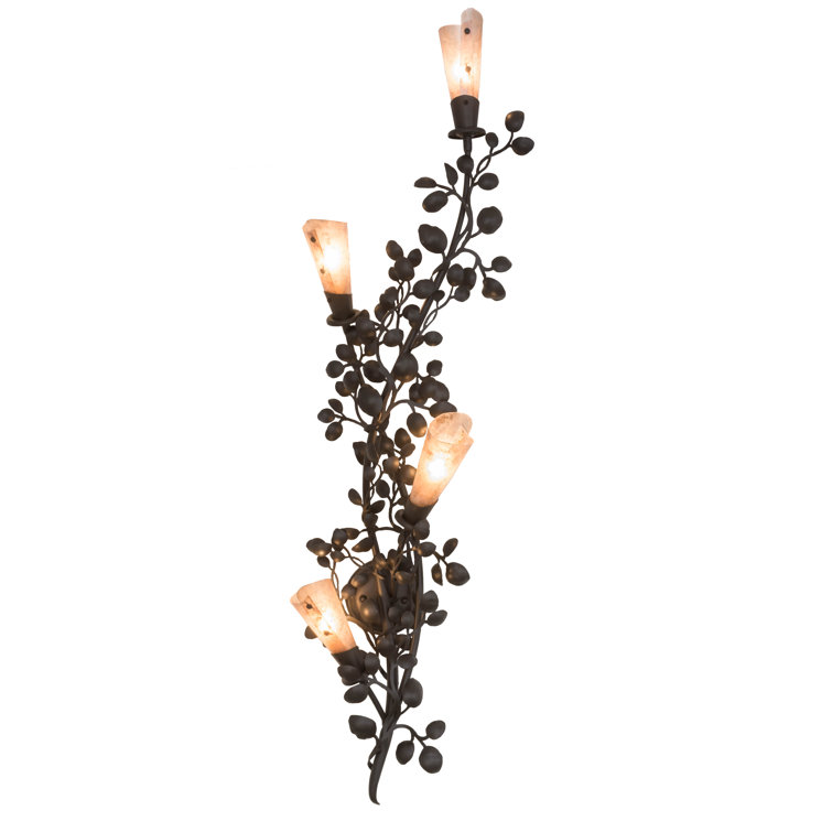 Elegant Old Wrought Iron Vine Sconce with Dimmable Silver Mica Shades