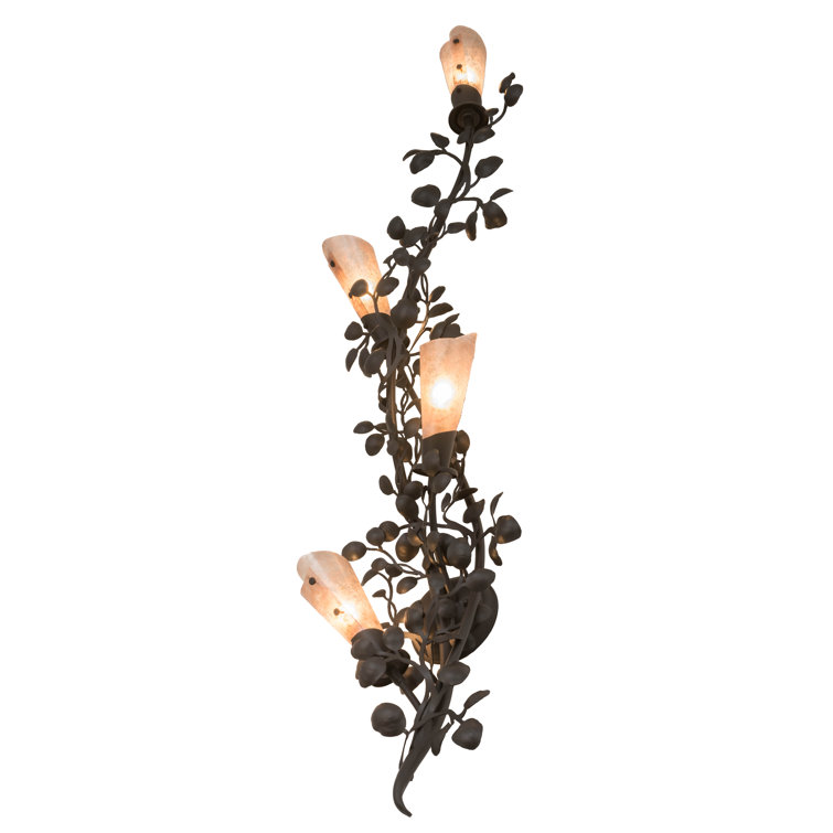 Elegant Old Wrought Iron Vine Sconce with Dimmable Silver Mica Shades
