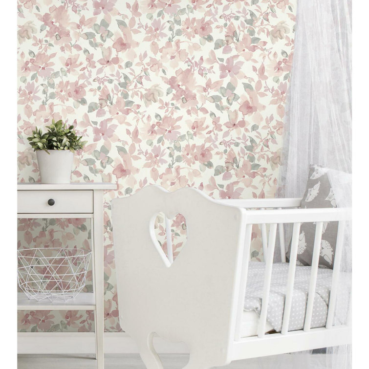Light Pink and Green Floral Peel and Stick Wallpaper Roll