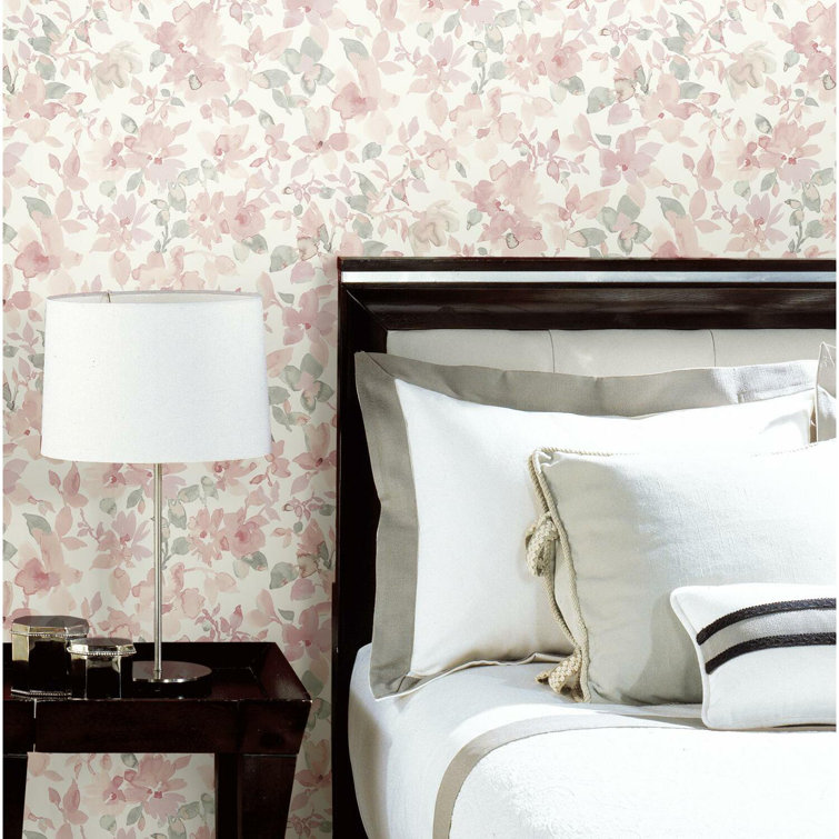 Light Pink and Green Floral Peel and Stick Wallpaper Roll