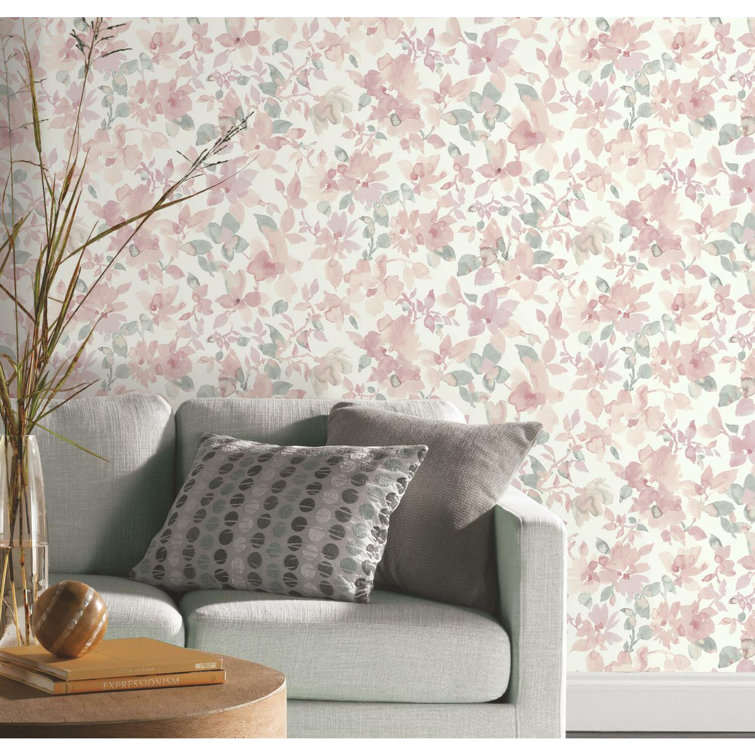 Light Pink and Green Floral Peel and Stick Wallpaper Roll