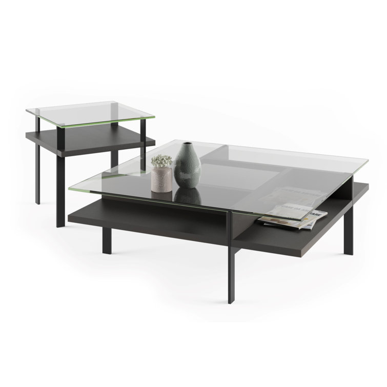 Charcoal Square Glass Top Coffee Table with Metal Base