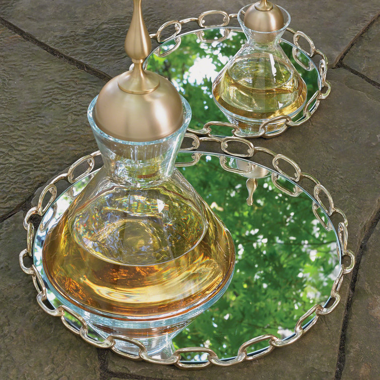 Elegant Round Linked Mirrored Large Tray with Polished Brass Finish