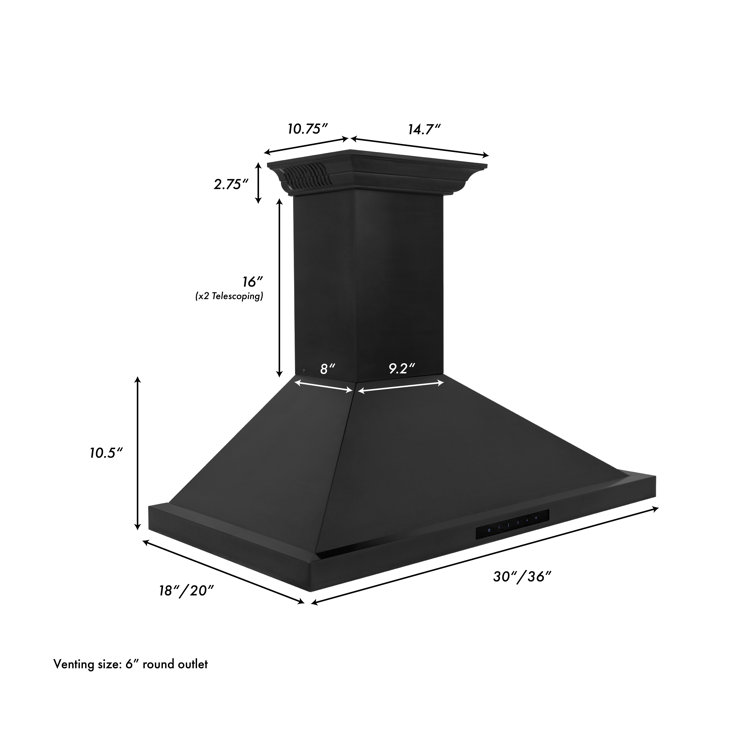 36" Black Stainless Steel Wall Mounted Range Hood with Charcoal Filter