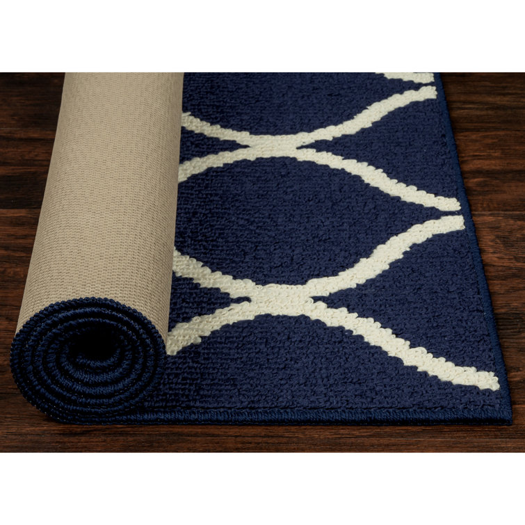 Navy Blue and White Tufted Geometric Indoor Rug