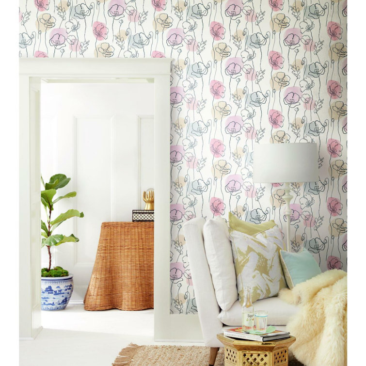 Pink and White Vinyl Floral Peel and Stick Wallpaper Roll