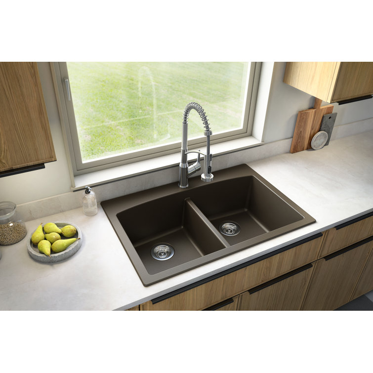 Brown Quartz Double Bowl Kitchen Sink with Curved Rear Walls