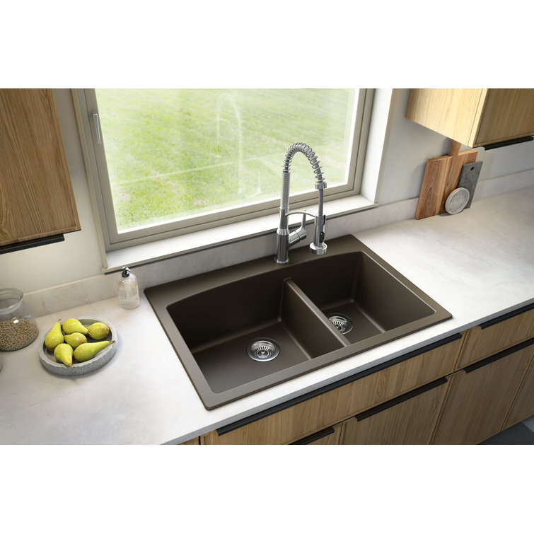Brown Quartz Double Bowl Kitchen Sink with Rear Drain