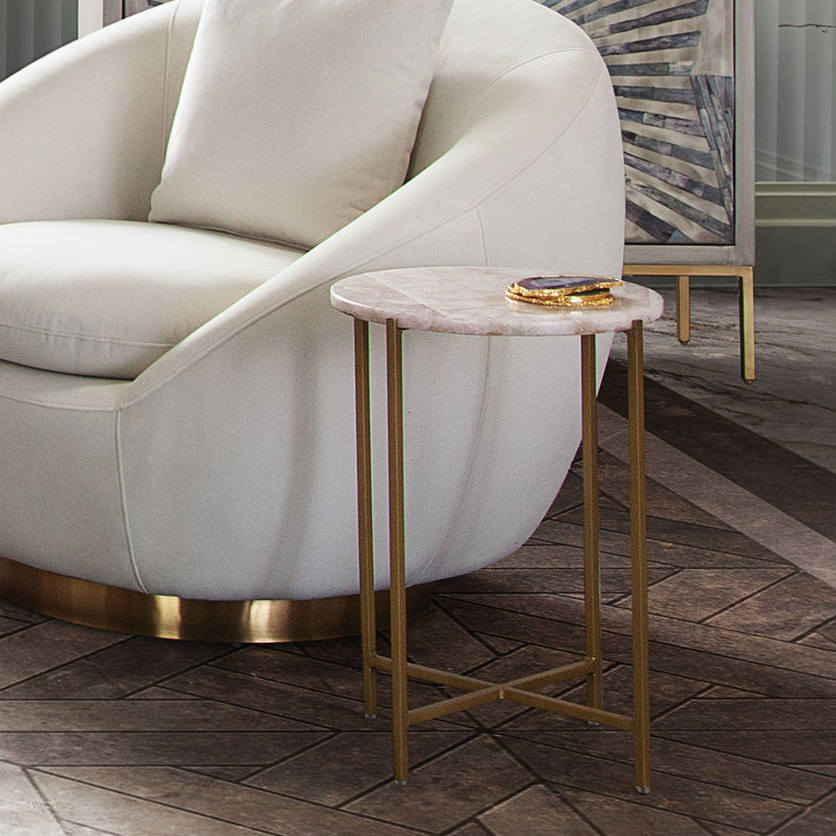 Rose Quartz and Brass Round Accent Table