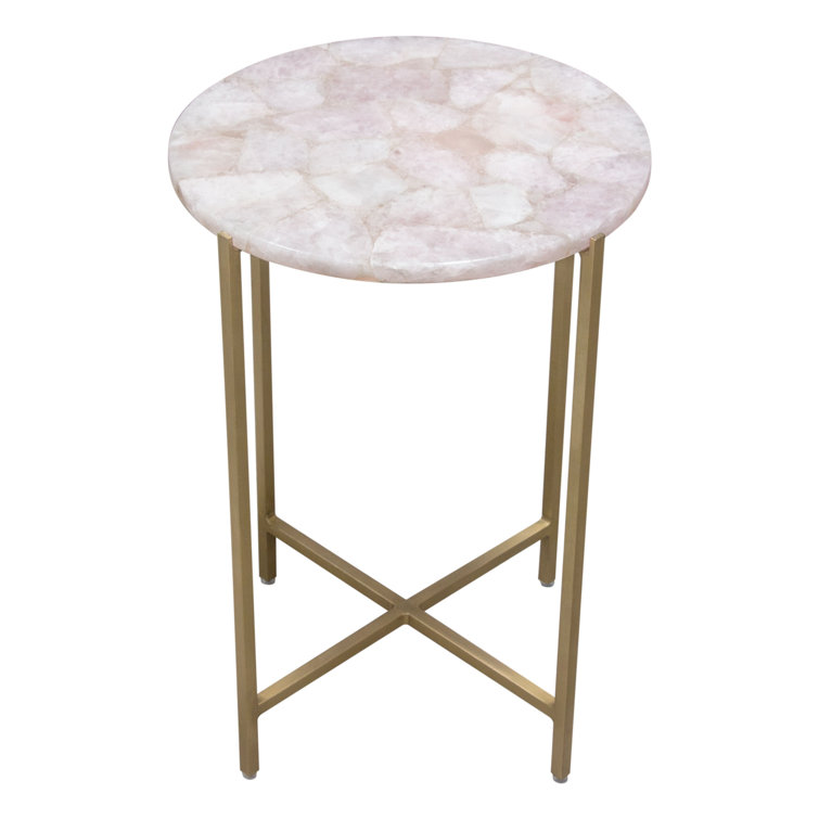 Rose Quartz and Brass Round Accent Table