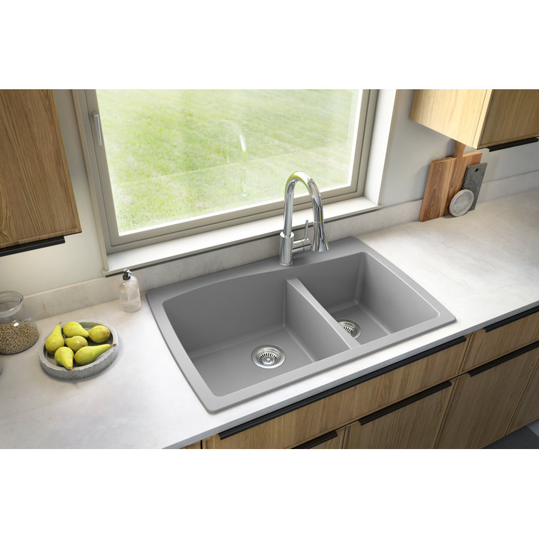 Gray Quartz Composite 34'' Double Bowl Kitchen Sink