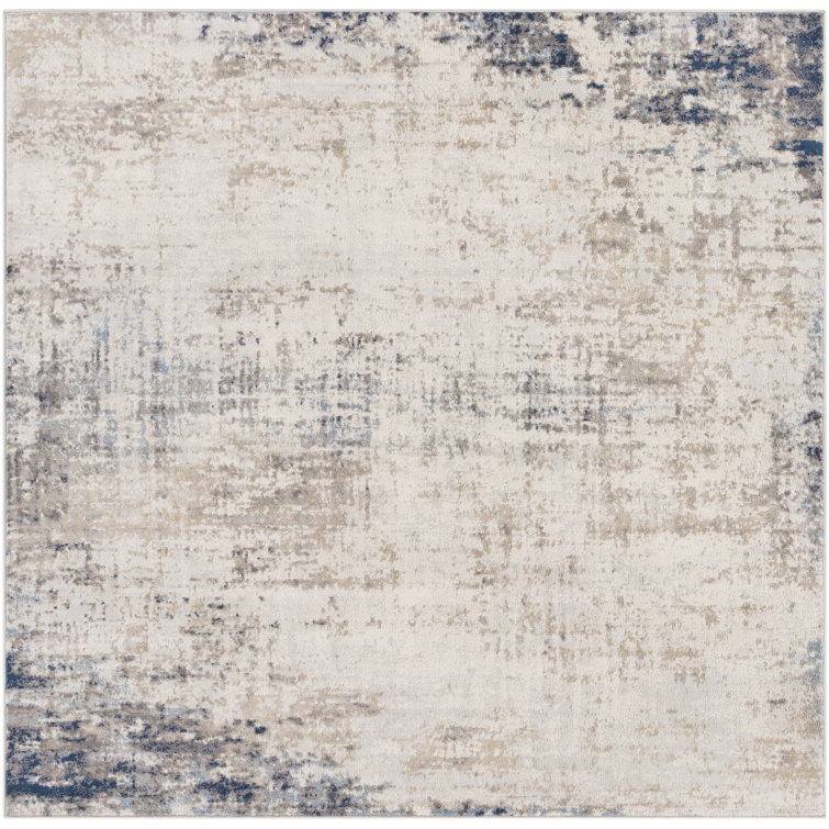 Square Blue and Ivory Abstract Stain-Resistant Area Rug