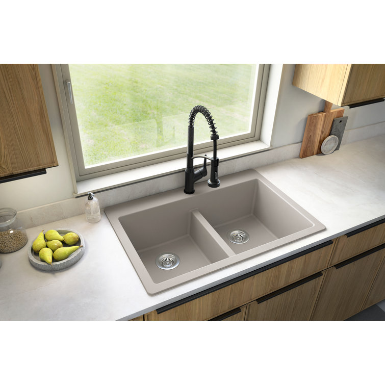 Concrete Quartz 33'' Double Bowl Top Mount Kitchen Sink