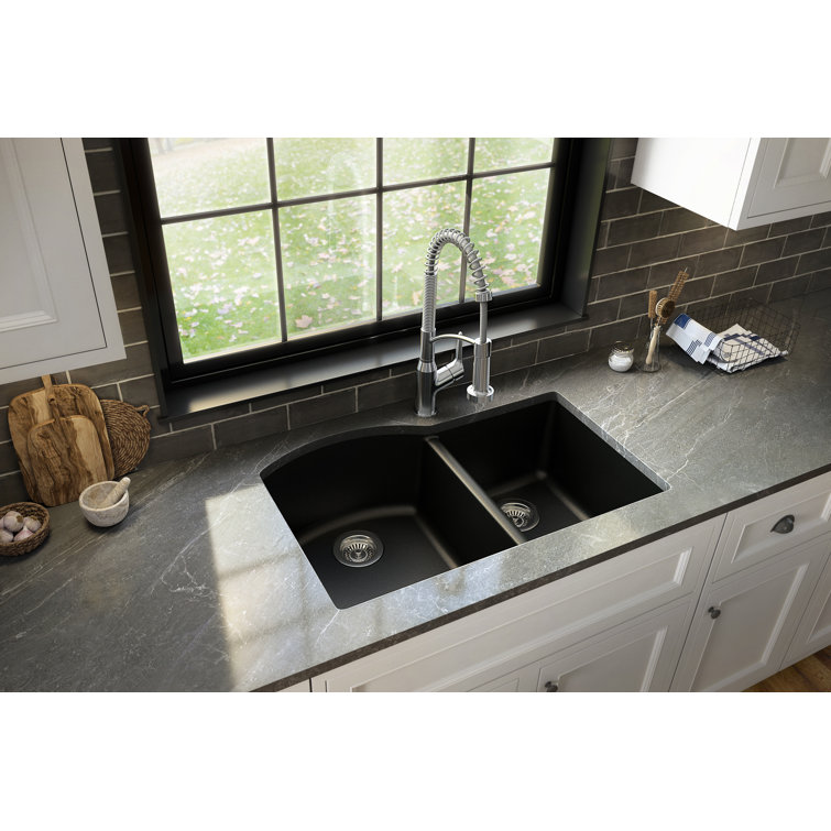 Black Quartz Composite 32'' x 21'' Double Bowl Undermount Kitchen Sink