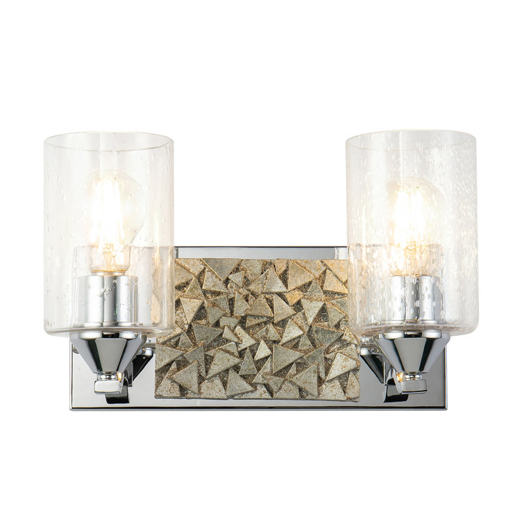 Modern Polished Chrome & Antiqued Silver Leaf 2-Light Vanity with Clear Bubble Glass