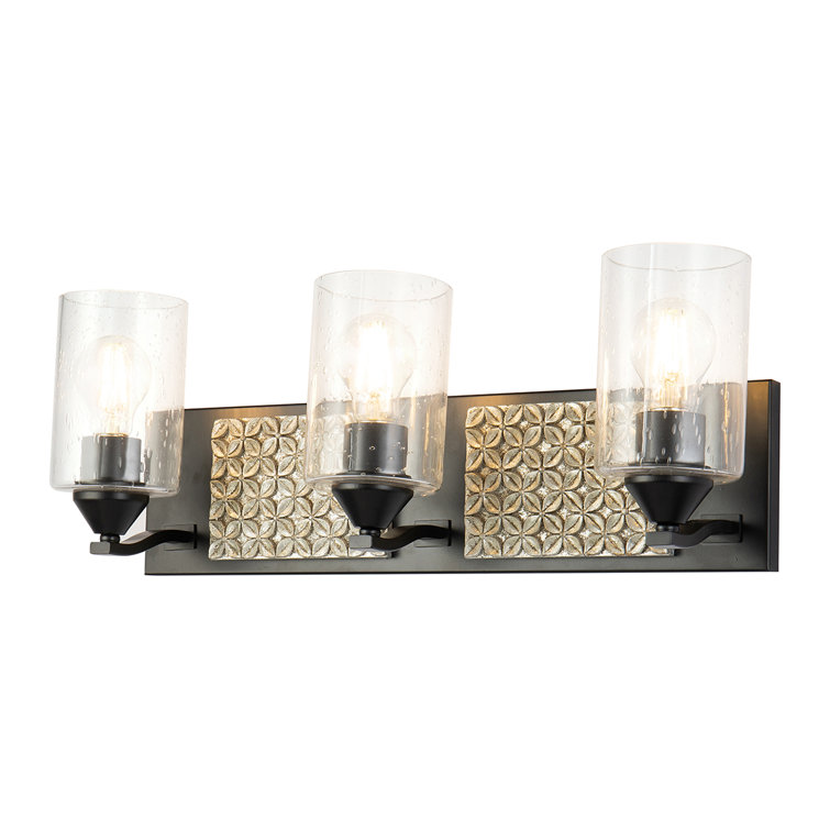 Matte Black and Silver 3-Light Vanity Light with Clear Bubble Glass