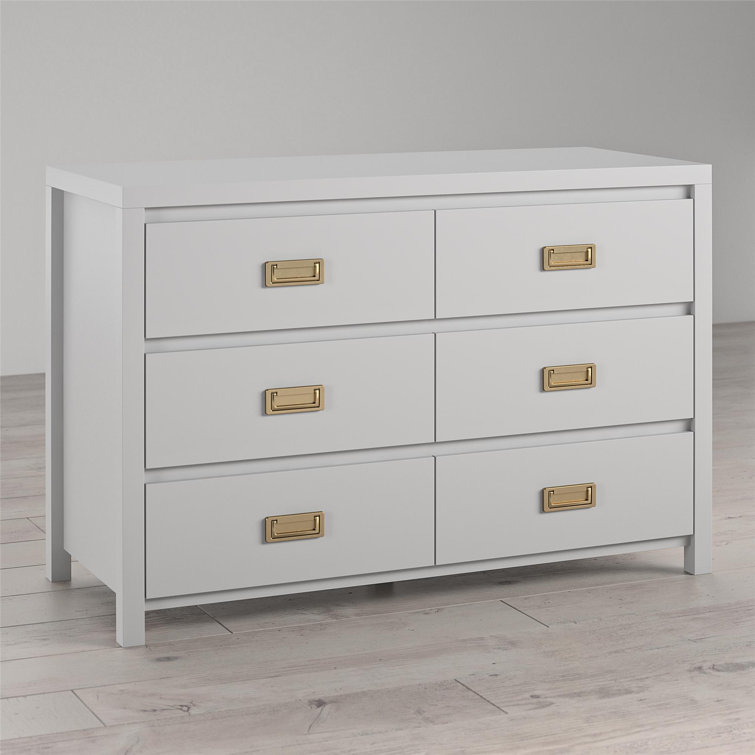 Dove Gray 6-Drawer Campaign Style Dresser with Gold Pulls