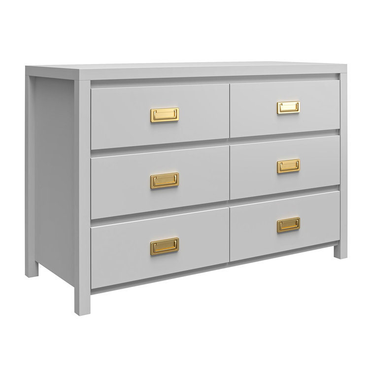 Dove Gray 6-Drawer Campaign Style Dresser with Gold Pulls