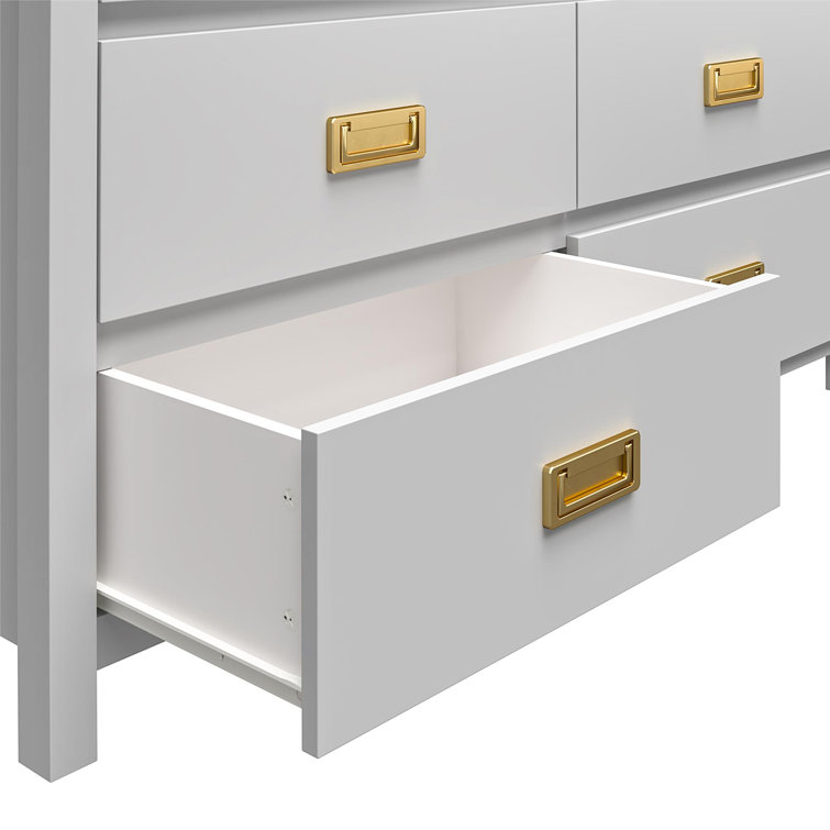 Dove Gray 6-Drawer Campaign Style Dresser with Gold Pulls