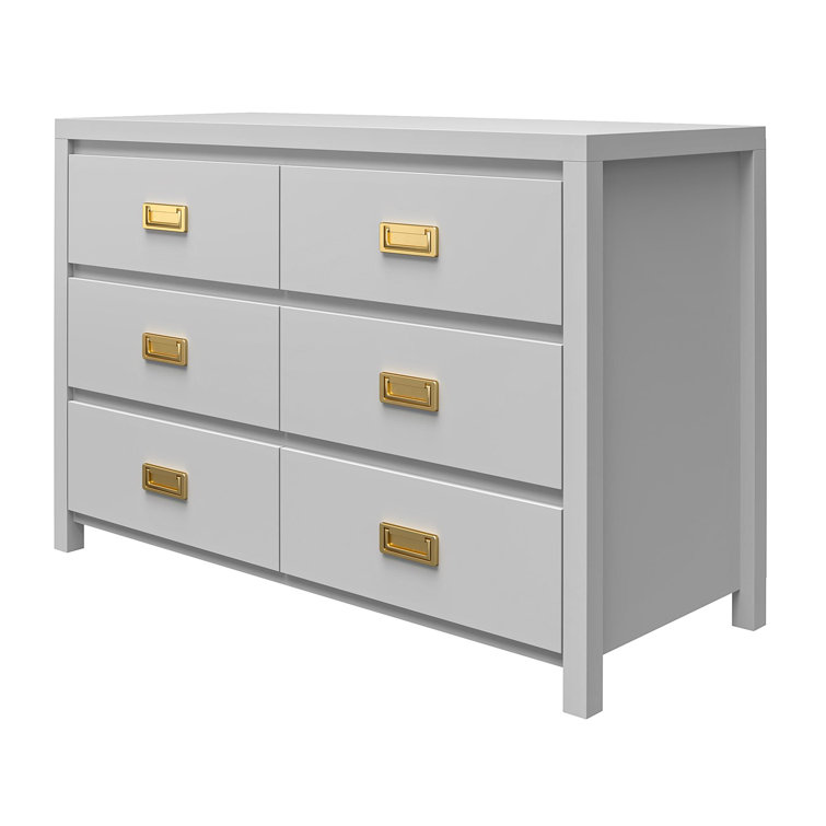 Dove Gray 6-Drawer Campaign Style Dresser with Gold Pulls