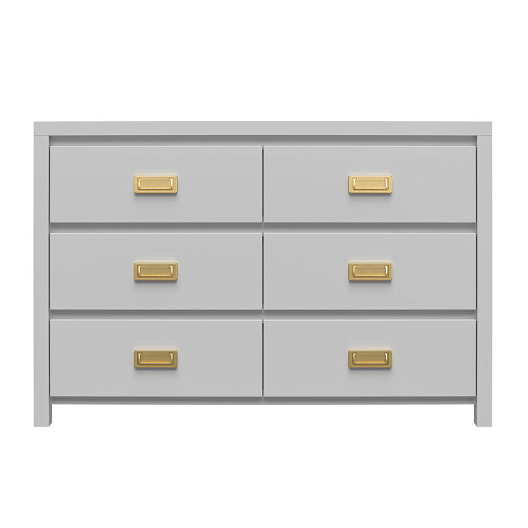 Dove Gray 6-Drawer Campaign Style Dresser with Gold Pulls