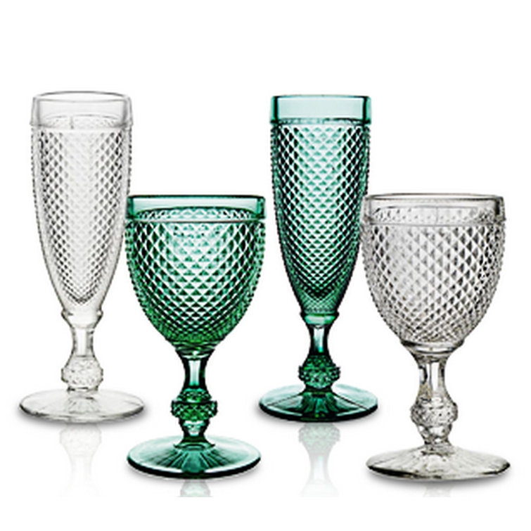 Mint Green Diamond-Cut Glass Goblet Set of 4