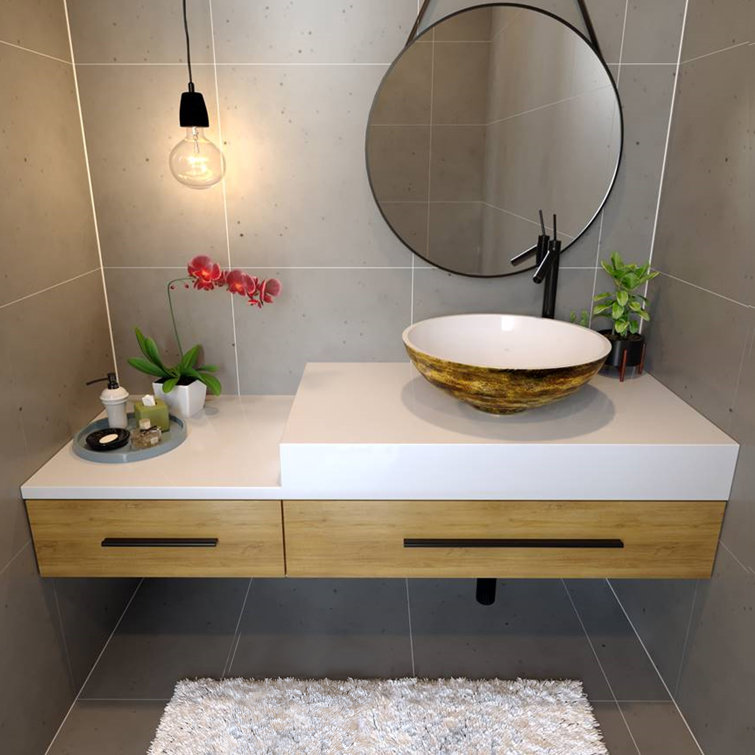 White and Gold Ceramic Vessel Sink with Fireclay Finish