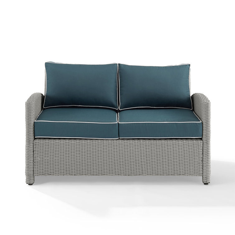 Gray Steel Frame Navy Cushioned Wicker Outdoor Loveseat