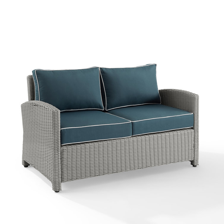 Gray Steel Frame Navy Cushioned Wicker Outdoor Loveseat