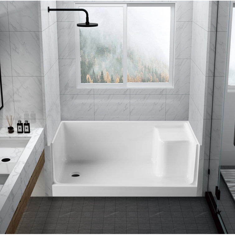 White Acrylic Anti-Skid Shower Base with Integral Seat, 60 x 32