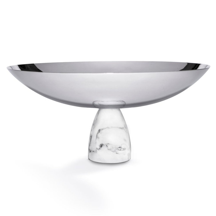 Silver Polished Steel Fruit Bowl with Marble Pedestal