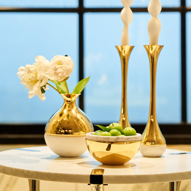 Carrara Marble and Brass Dual Taper Candlesticks Set